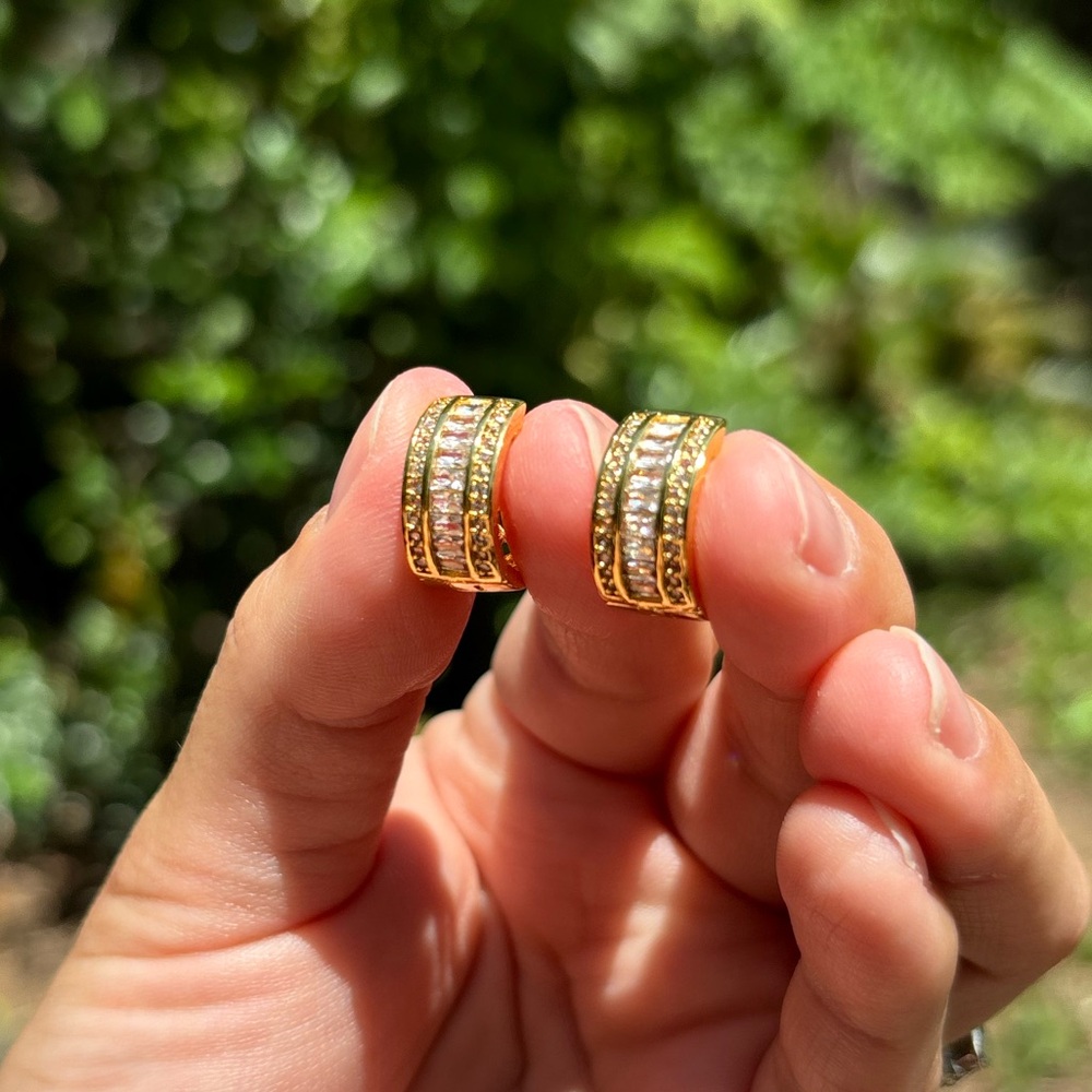 18K Gold Plated Stainless Steel Diamond Hoop Earrings - Picture 4 of 6
